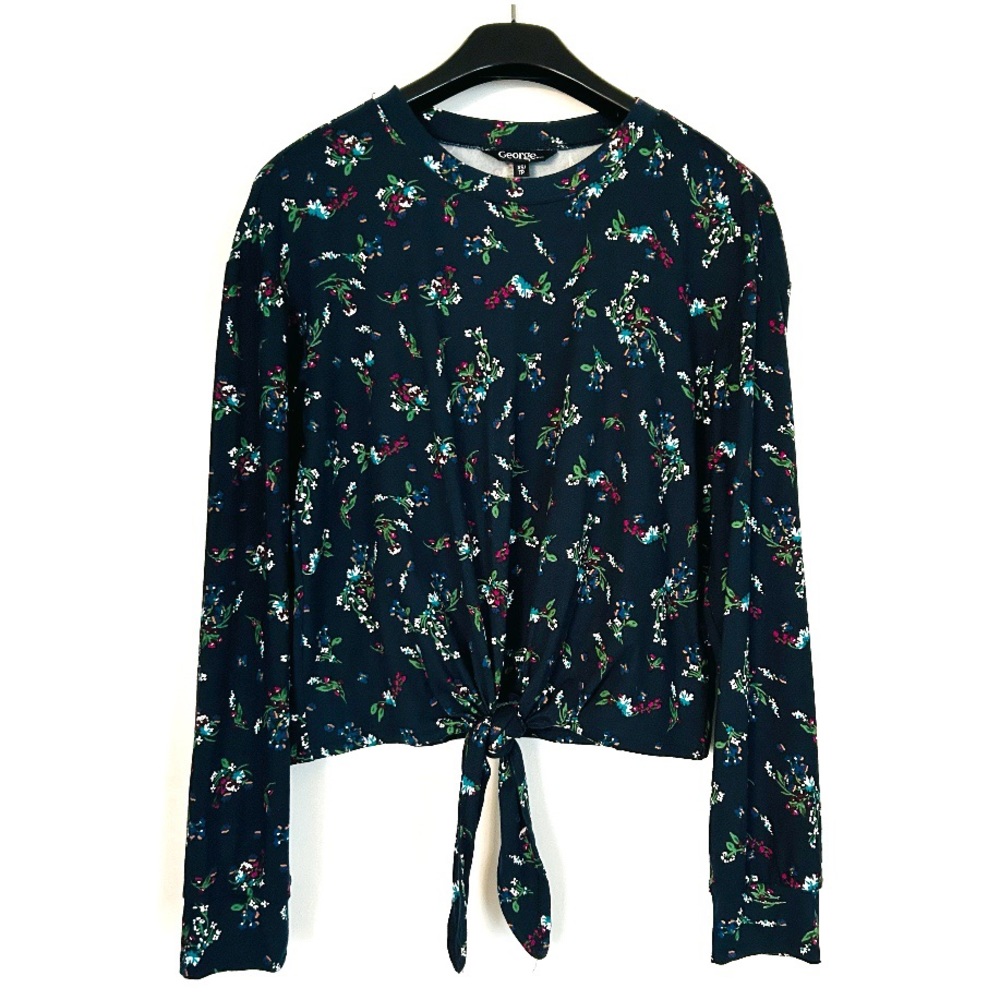 George Super Soft Navy Blue Long Sleeve Top Blouse Flowers Red Green White Prep